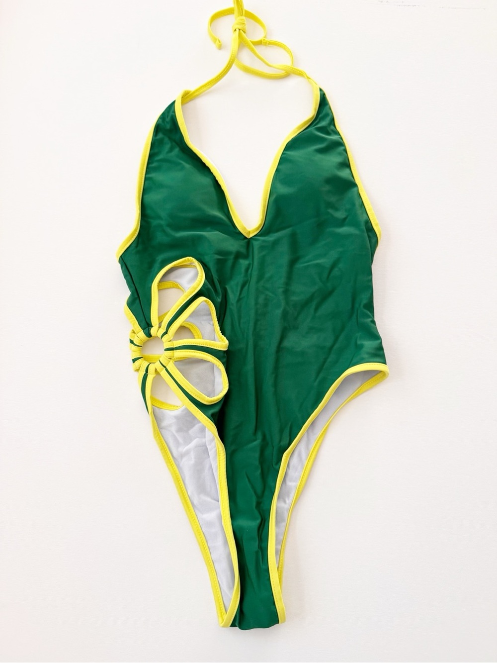 NEW SHEIN Tropical Floral Cutout One Piece Swimsuit High Cut Thong Green Yellow